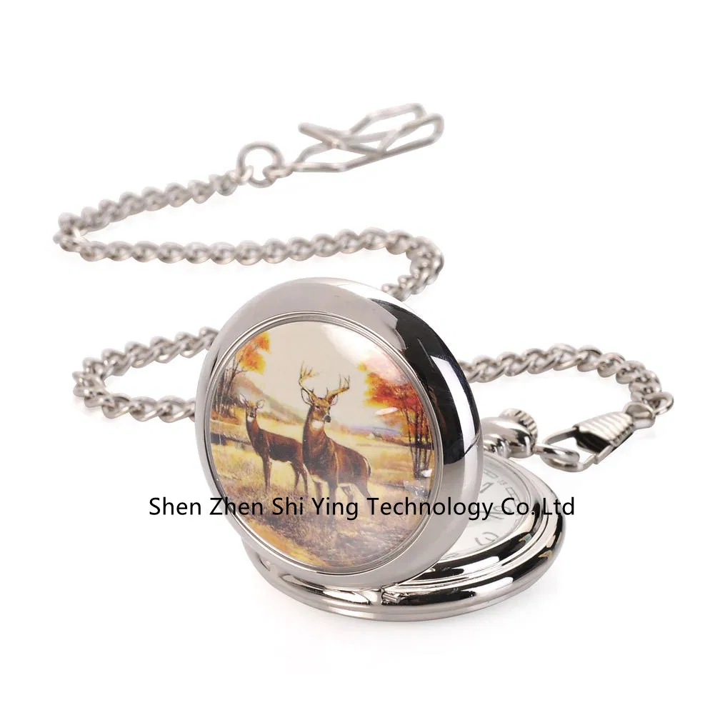 Custom Gents Silver Round Mechanial Pocket Watch with Chain