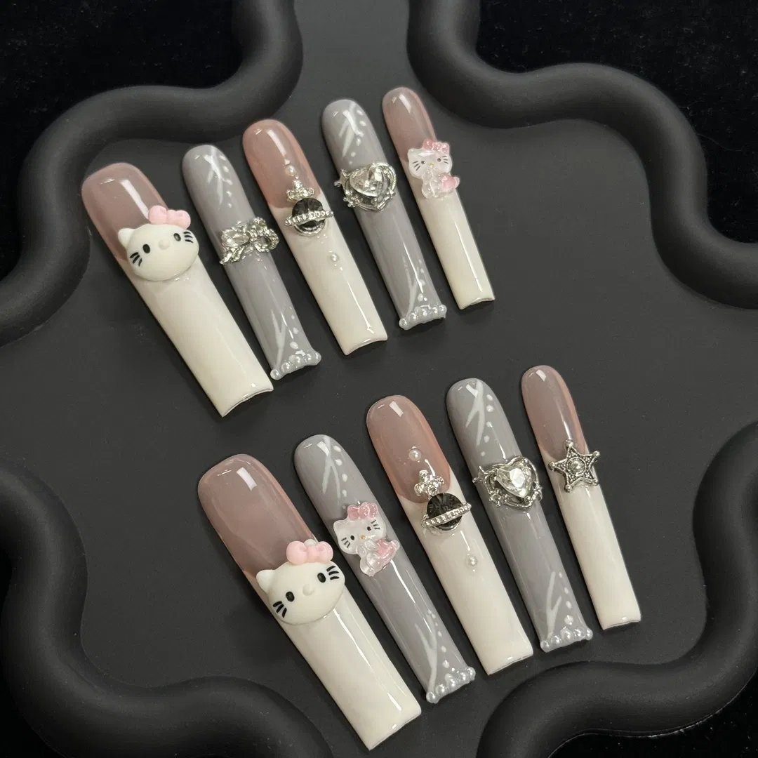 Handmade Kitty Acrylic Artificial Gel Wear Press on Fake Nails Gel Art Polish Pick Finished Manicure Removable Finger False Artificial Nails