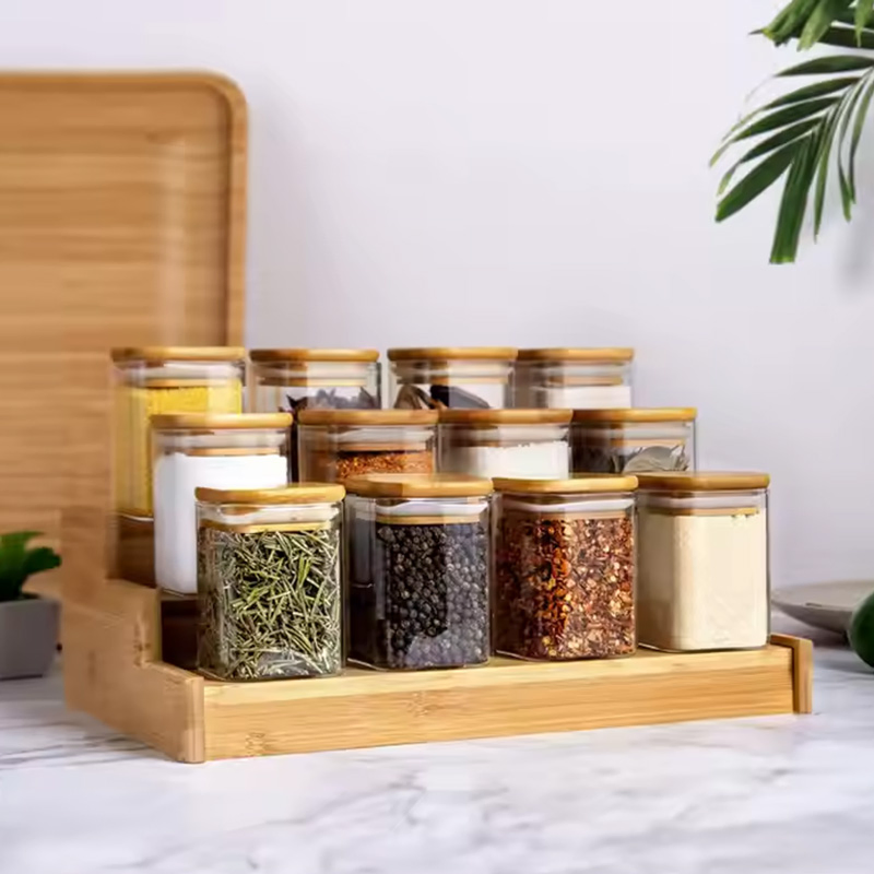 7oz 200ml Bamboo 3 Layers Ladder Frame 12PCS Set Square Bamboo Lid Glass Seasoning Jar