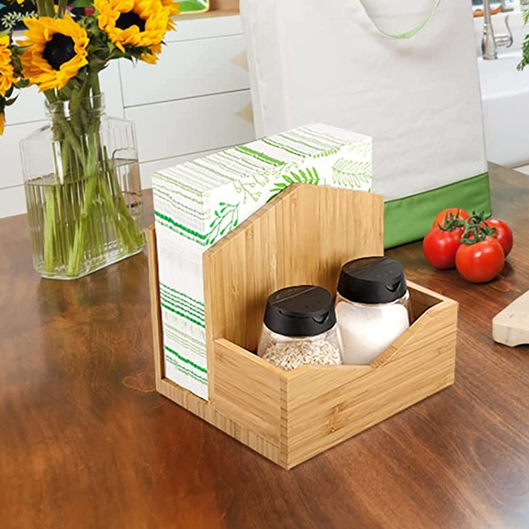 Kitchen Desktop Napkin Rack Bamboo and Wood Freestanding Salt and Pepper Storage Rack Multifunctional Wooden Napkin Rack