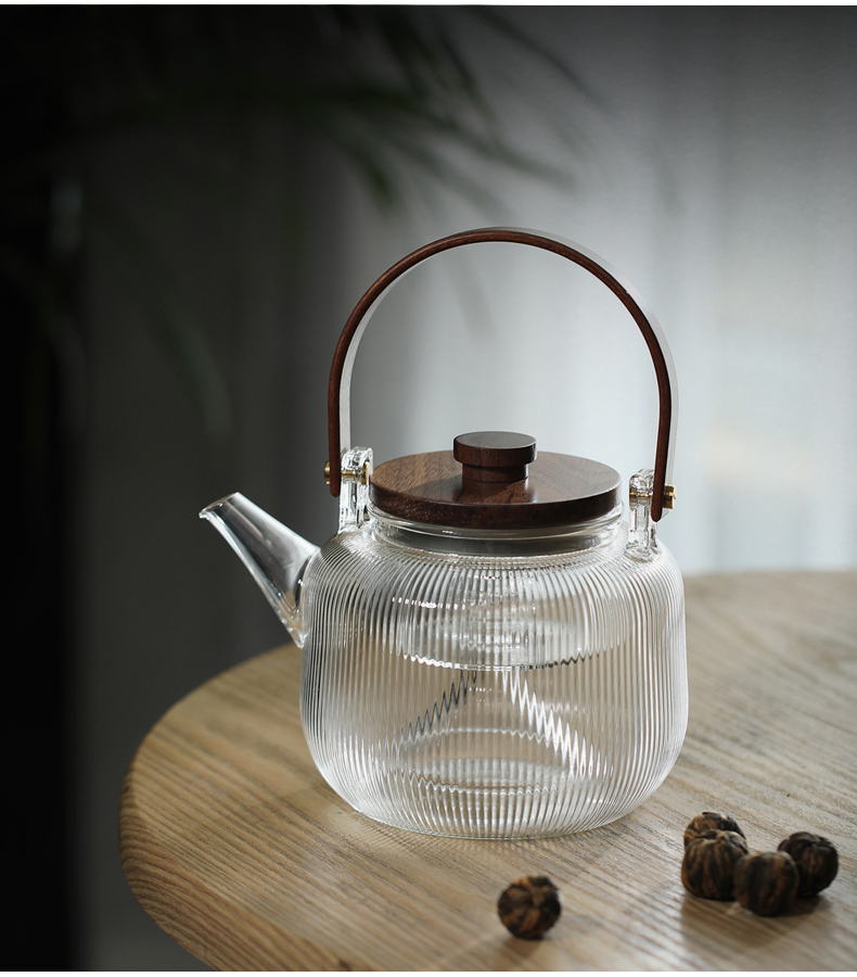 Transparent High Borosilicate Teapot Heat Resistant Glass Tea Pot with Glass Infuser and Bamboo Handle