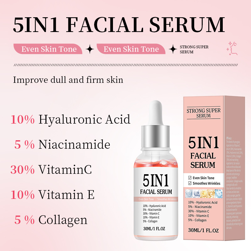 Hot Sale 5 in 1 Facial Serum with Vitamin C, Vitamin E, Hyaluronic Acid, Niacinamide & Collagen