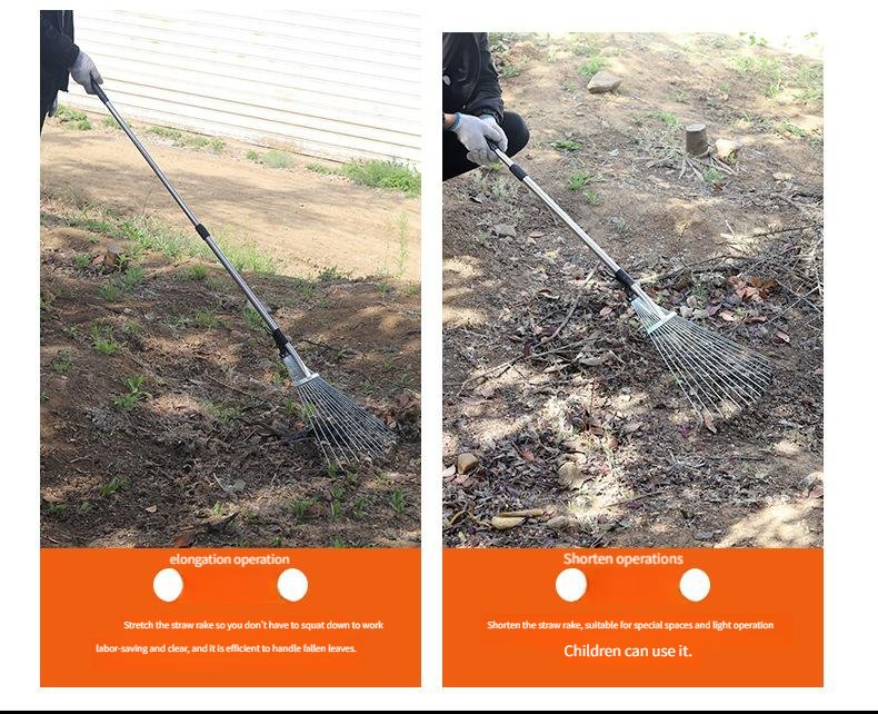 Stainless Steel Telescopic Leaf Rake with 9~15 Tooth Retractable Extension-Type Garden Wire Rake Harrow for Dead Leaf