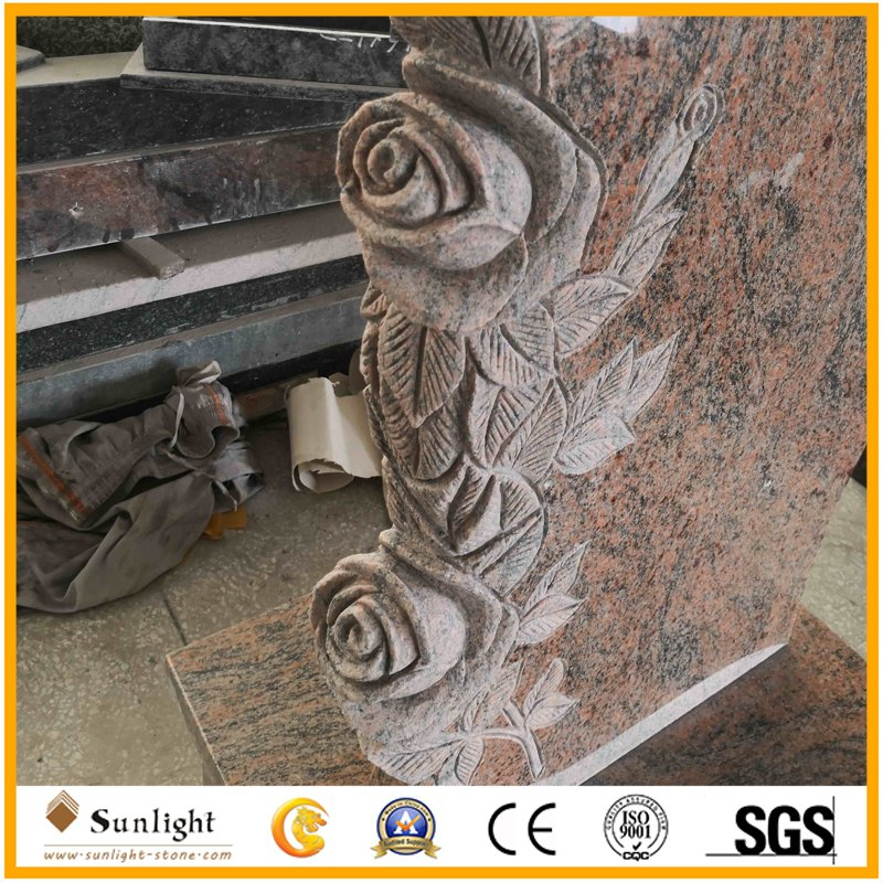 Cheap Romanian Monument Tombstone with Rose Carving Granite Headstone &Flower Bed