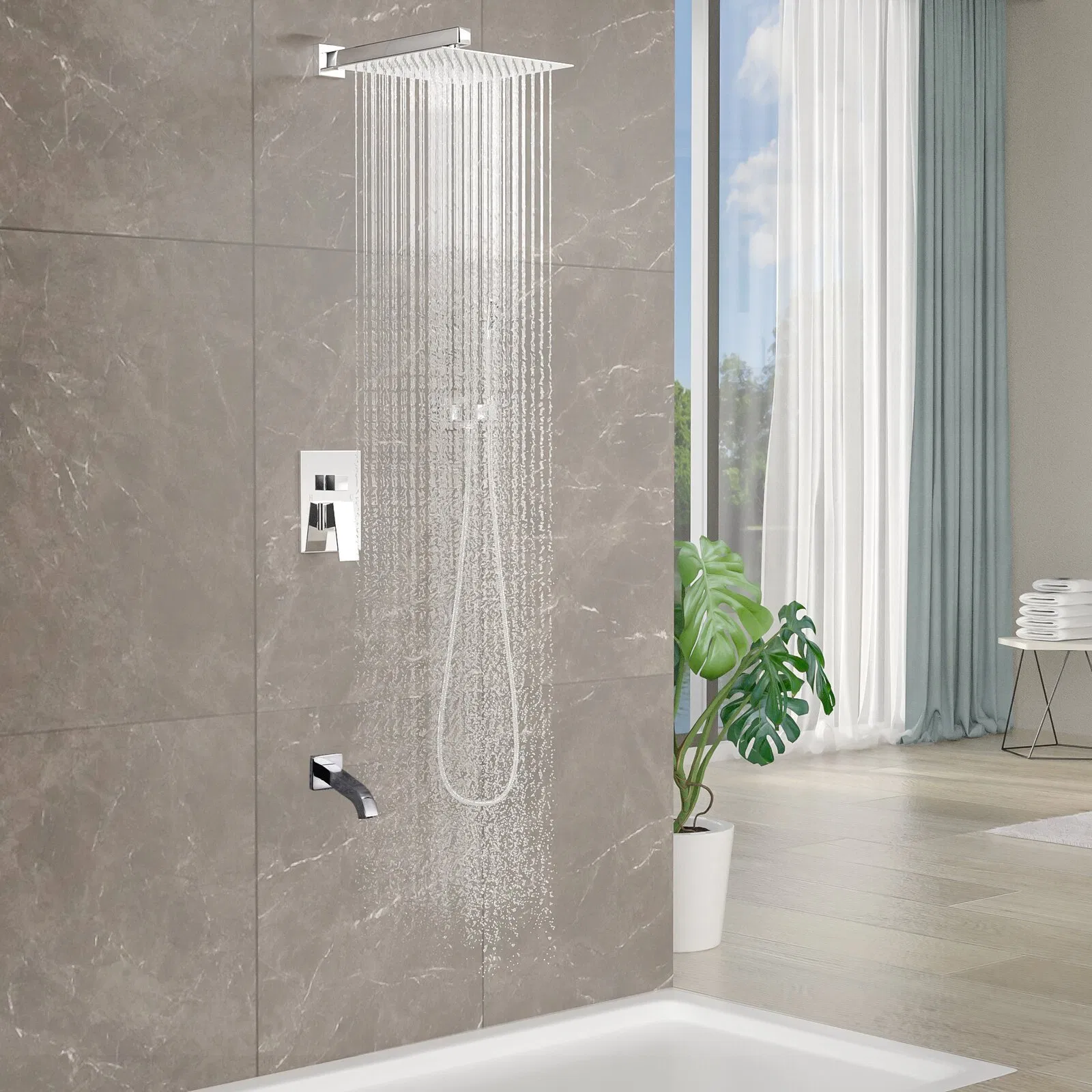 Aquacubic Bathroom Chrome Brass Rainfall Shower System Wall Mount Shower Set Shower Mixer Faucet Set