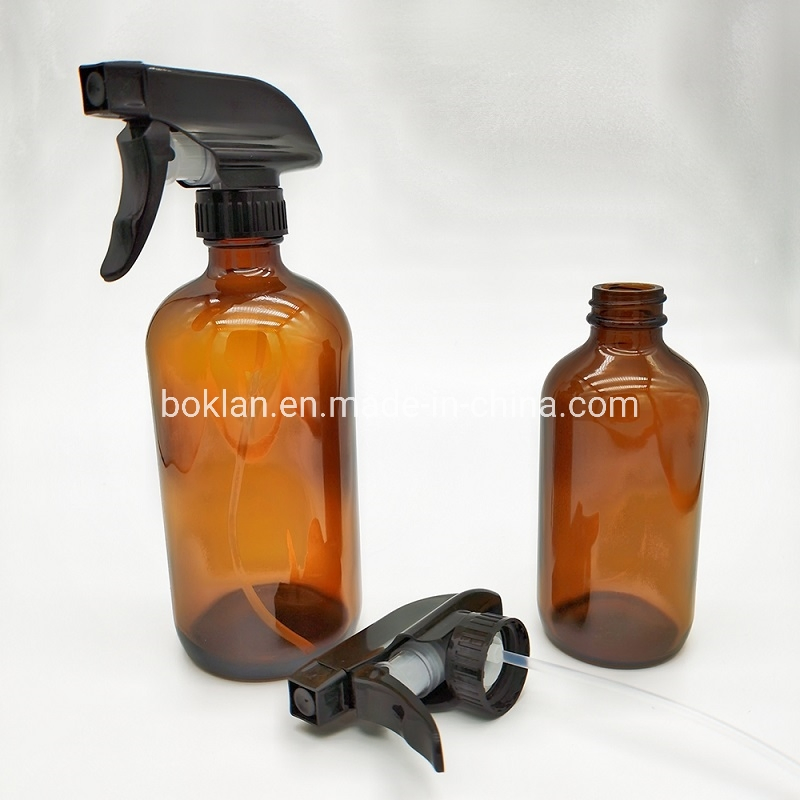 8oz 16oz 32oz / Amber Round Glass Spray Bottle with Top Black Spray Pump Essential Oil Glass Bottle