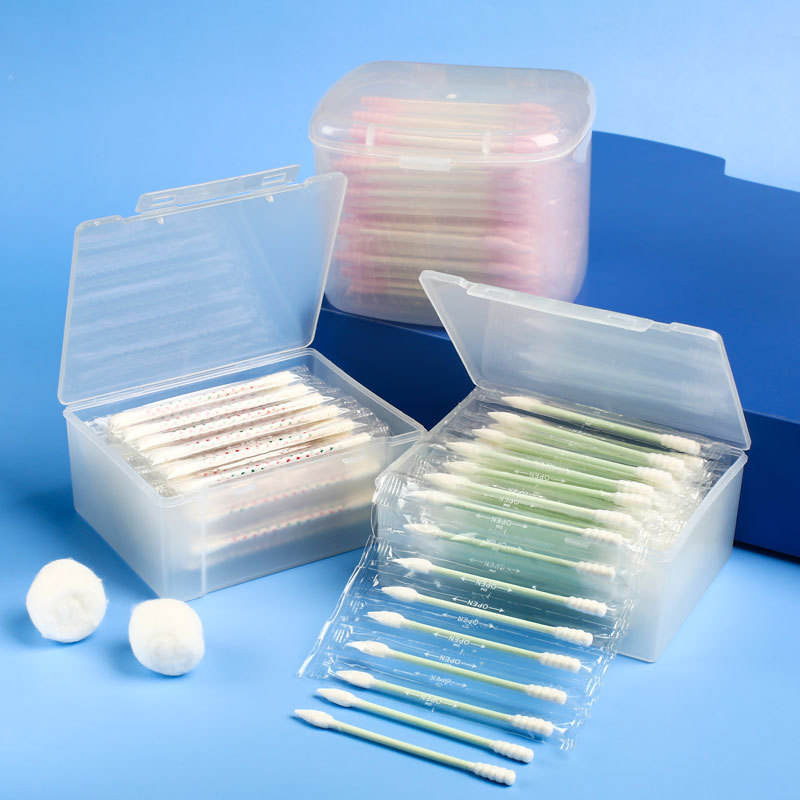 a Double-Clasp Square Box Containing 100 Individually-Packaged Colored- Stick Cotton Swabs.