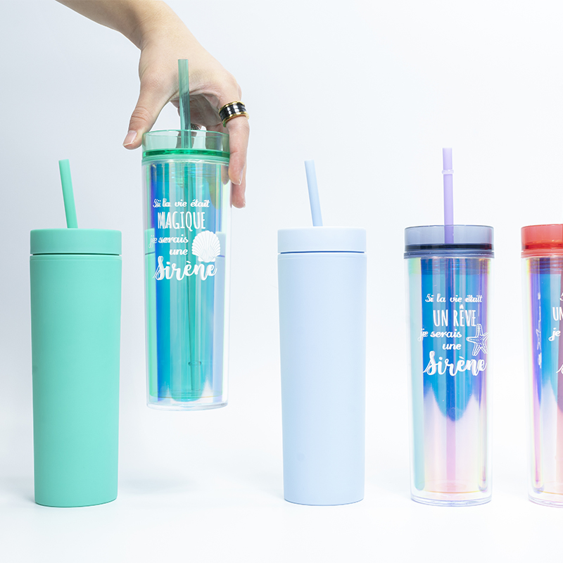 Eco-Friendly Water Bottles 16oz Skinny Tumbler Double Walled Acrylic Matte Plastic Bulk Tumbler