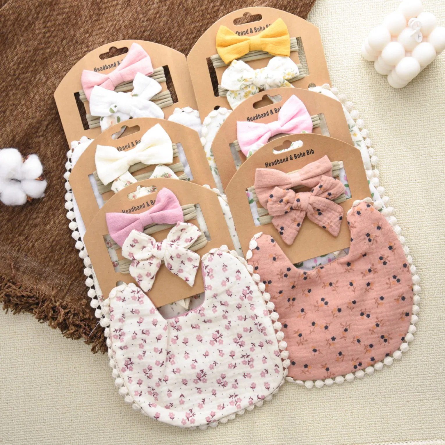 High Quality Girls Headband Bib Set Printed Flower Baby Biba Set Super Soft Breathable Bib for Newborn