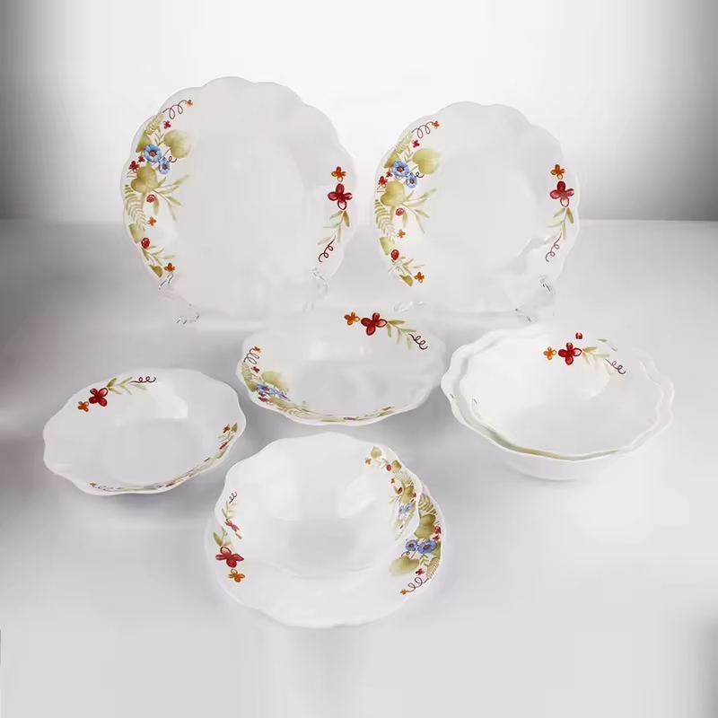 Exquisite Opal Glass Dinnerware Collection with Embossed Detailing