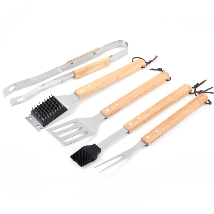 BBQ Tool Kit Gifts Barbecue Utensil Set for Home, Grill, Camping, Travel 5PCS Wooden Handle Grill Tool Set