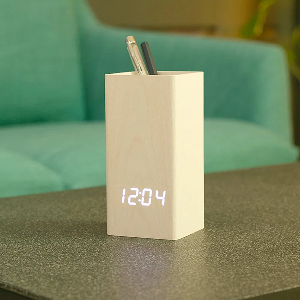 Smart Wood Pen Holder LED Alarm Clock Voice Control Gift Clock