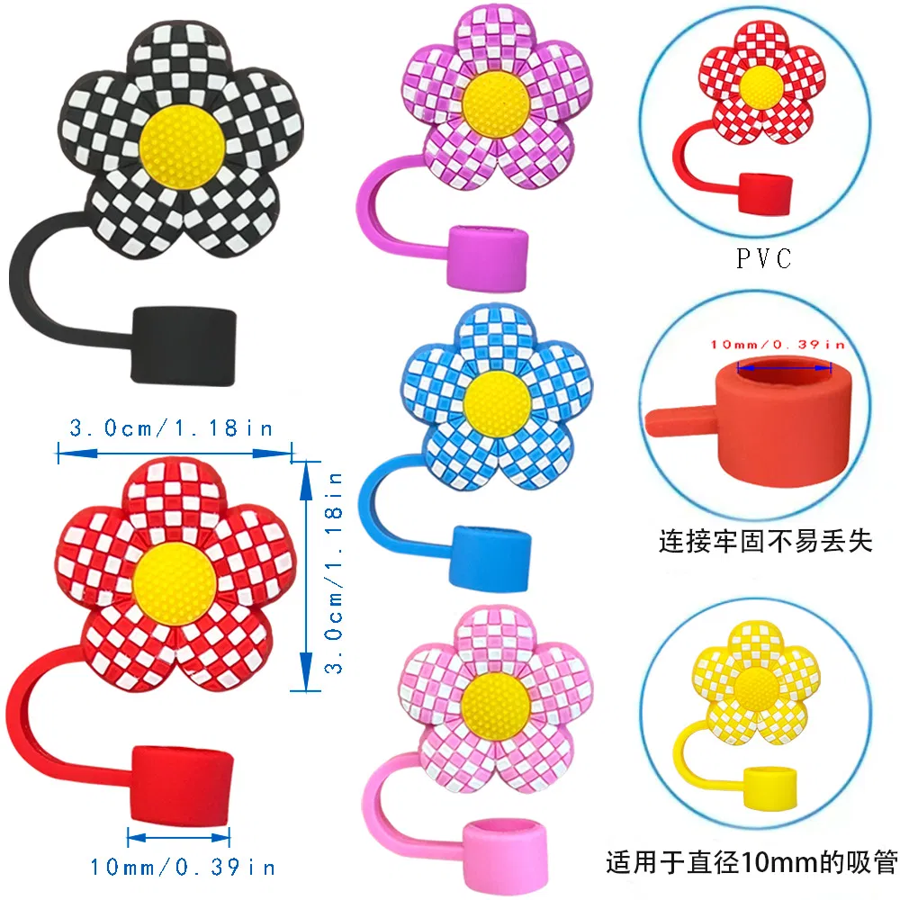 Set of 6 Black and White Checkered Small Flower Series Cute Straw Caps 10mm Stanley Straw Caps