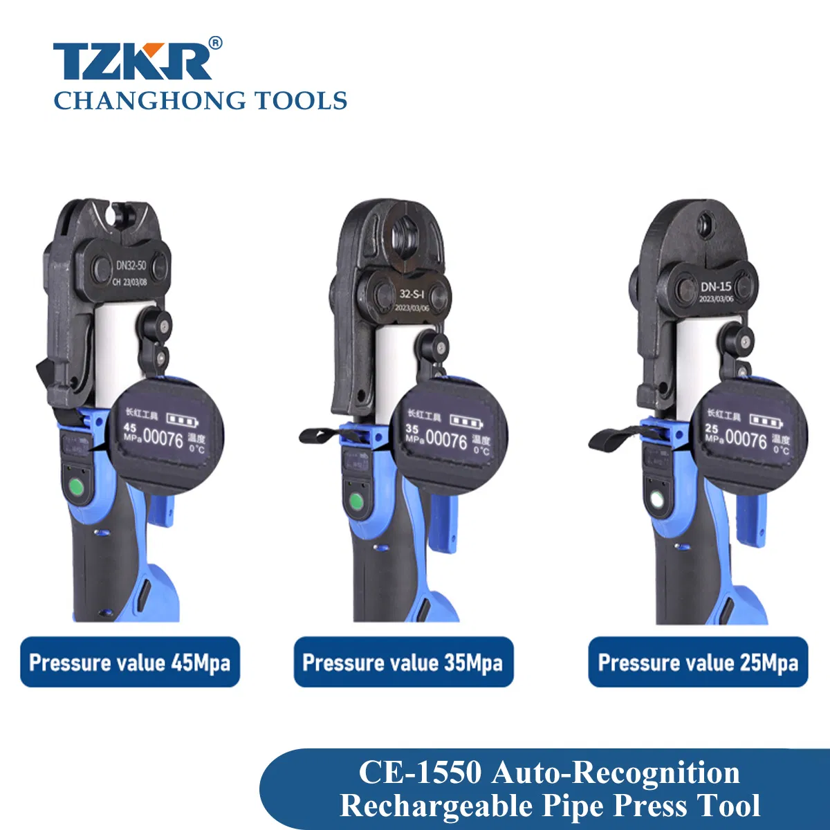 CE-1550 LED Display Rechargeable Electric Hydraulic Quick Clamping Copper Stainless Carbon Steel Pipe Auto-Recognition Cordless Battery Powered Crimping Tool