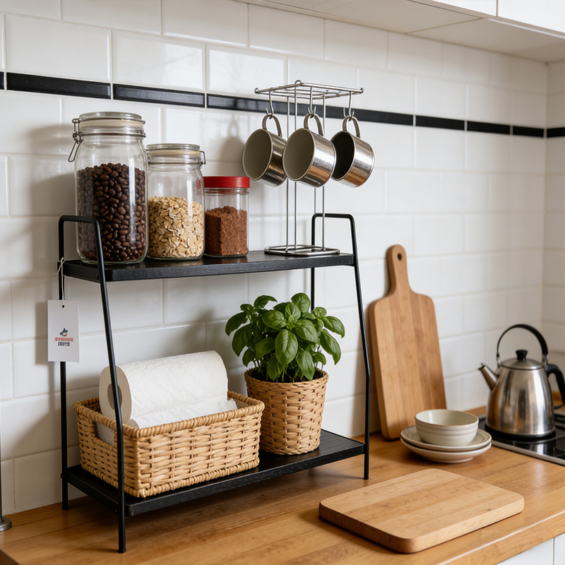 Двухуровневая полка для специй из дерева и металла