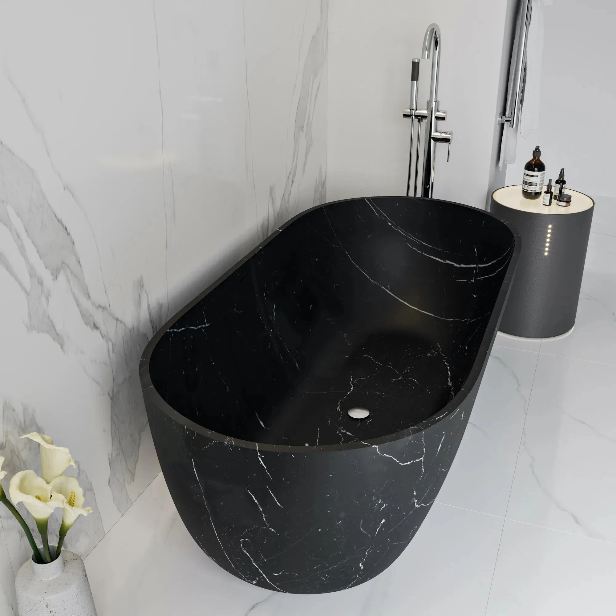 Nero Marquina Black Marble Freestanding Bathtub with White Veins