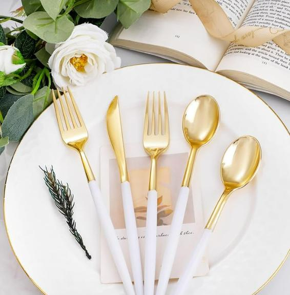 Heavy Duty White and Gold Plastic Silverware