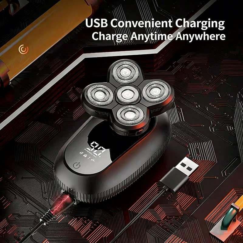 USB Rechargeable 5-Blade Electric Shaver Bald Head Hair Clipper with Digital Display
