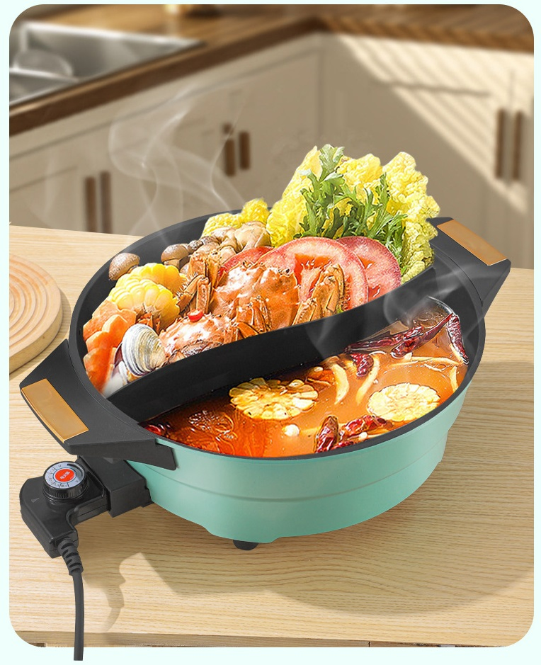 Efficient 1600W Electric Hot Pot, 36cm, with Dual-Cooking Zones