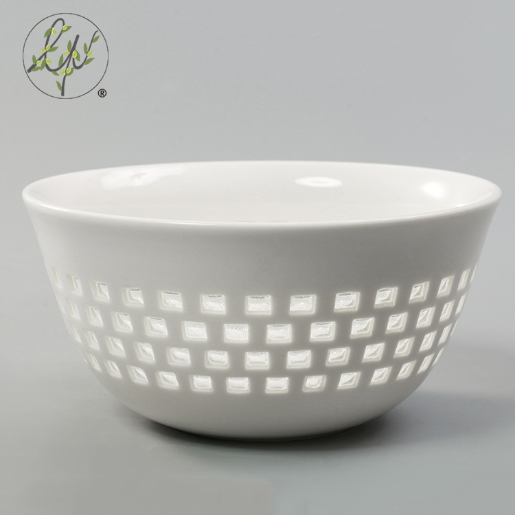 Hollow out Round Shape Crystal Hole White Porcelain Shiny Transparent Salad Soup Bowl