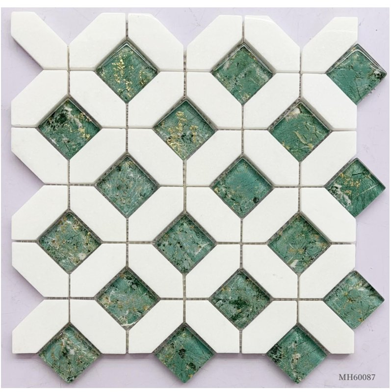 Wholesale Customization Rhombus Shape Flower Pattern Glossy Glass Mix Marble Stone Mosaic for Villa Wall