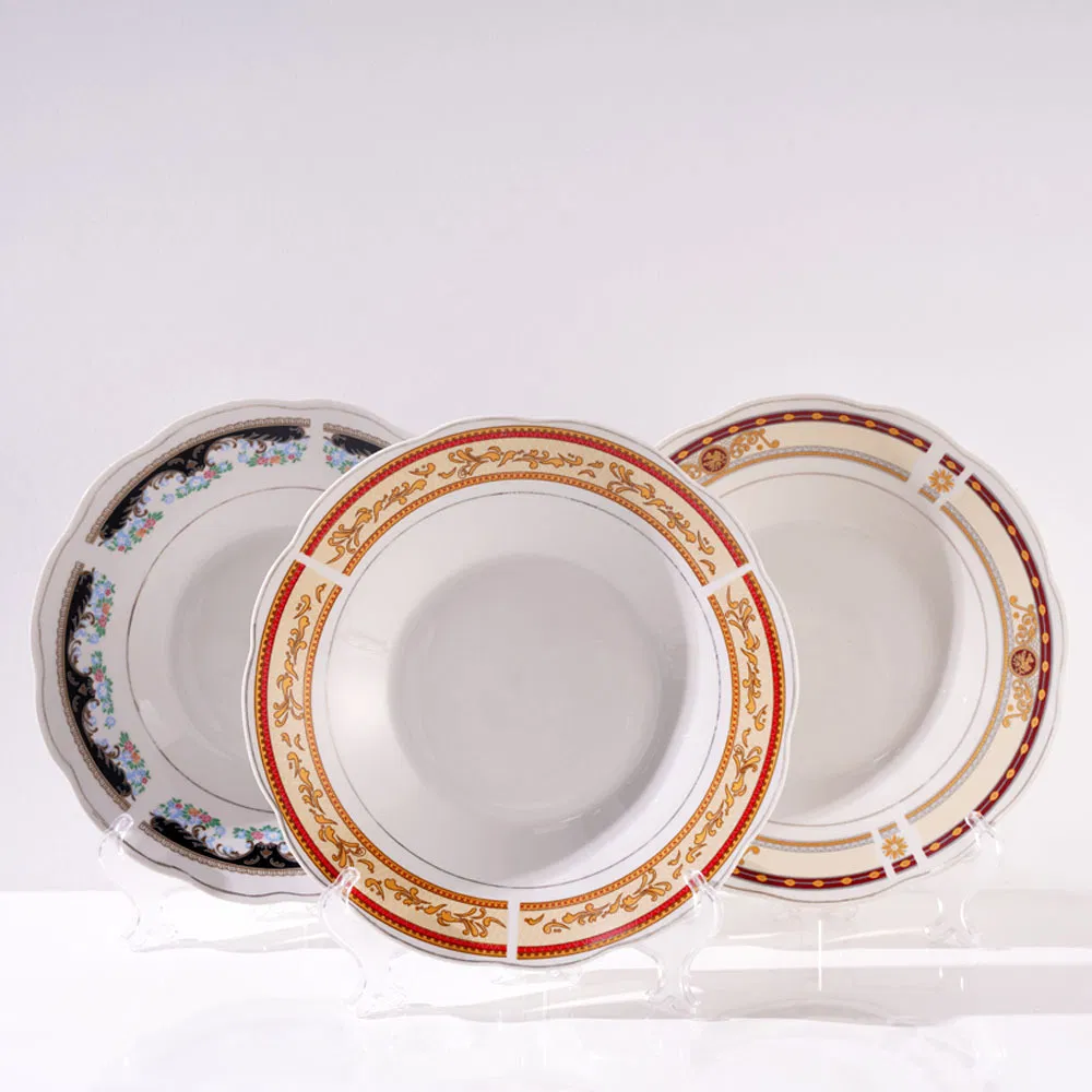 9"Soup Plate Round Decal with Gold Silver Line Porcelainware Ceramics Tableware