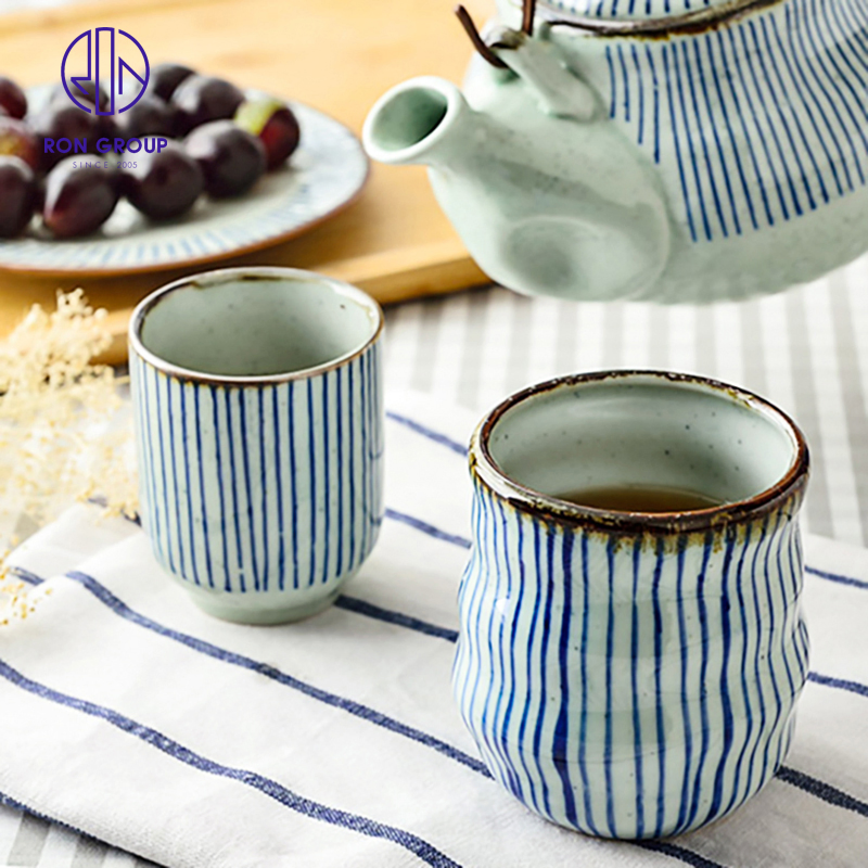 China Wholesale Ceramic Drinkeware Blue Vertical Stripes Tea Cup Water Mug Tableware for Hotel Restaurant Catering