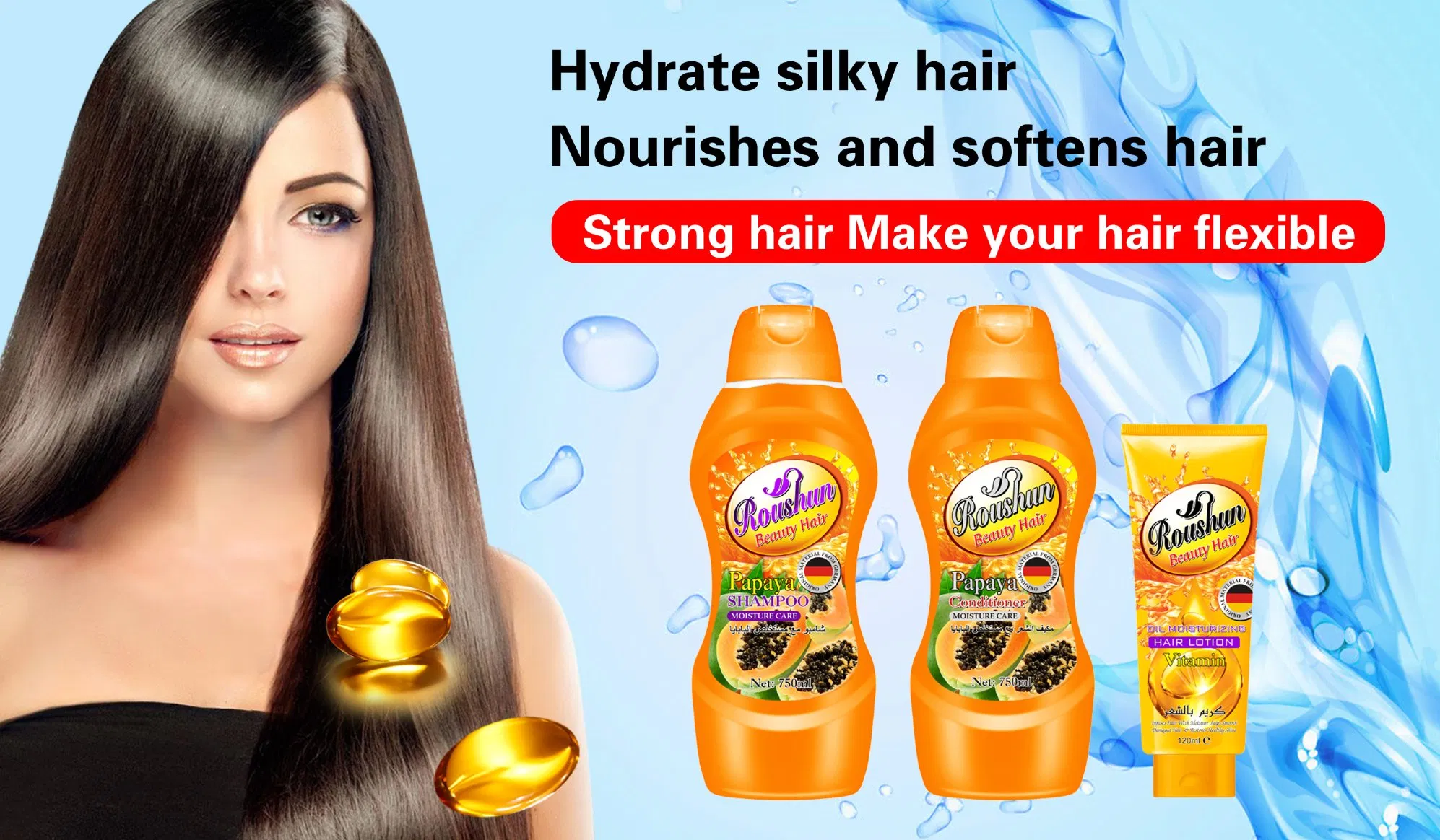 Roushun Family Set Moisturizing Hair Private Label Customizable Manufacturer Papaya Shampoo Conditioner, Hair Lotion