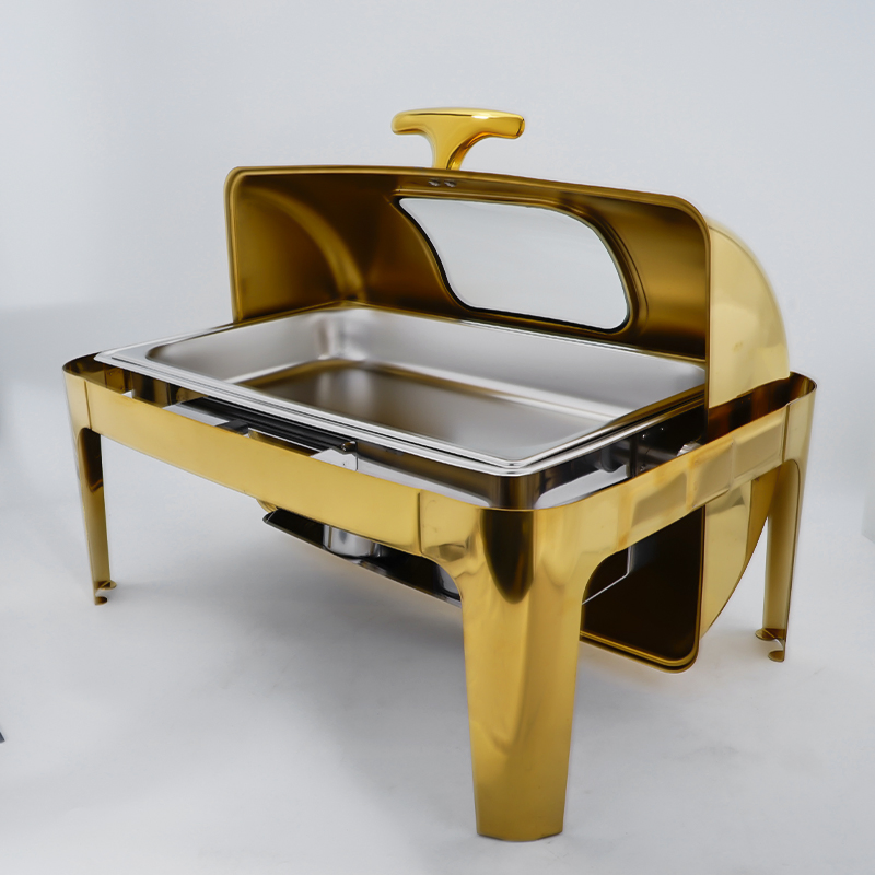Daosheng Restaurant Roll Top 9L Full Gold Stainless Steel Buffet Gel Fuel Chafer Dish Rectangular Glass with Gold for Buffet Chafing Dish