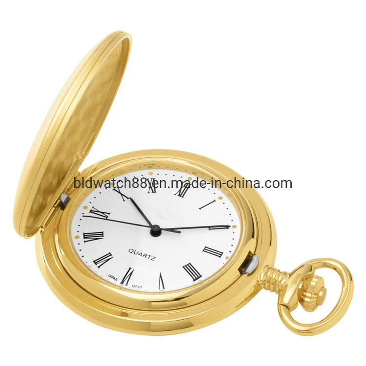 Custom Made Quality Japan Brass Engraved Gold Quartz Pocket Watch with Chain