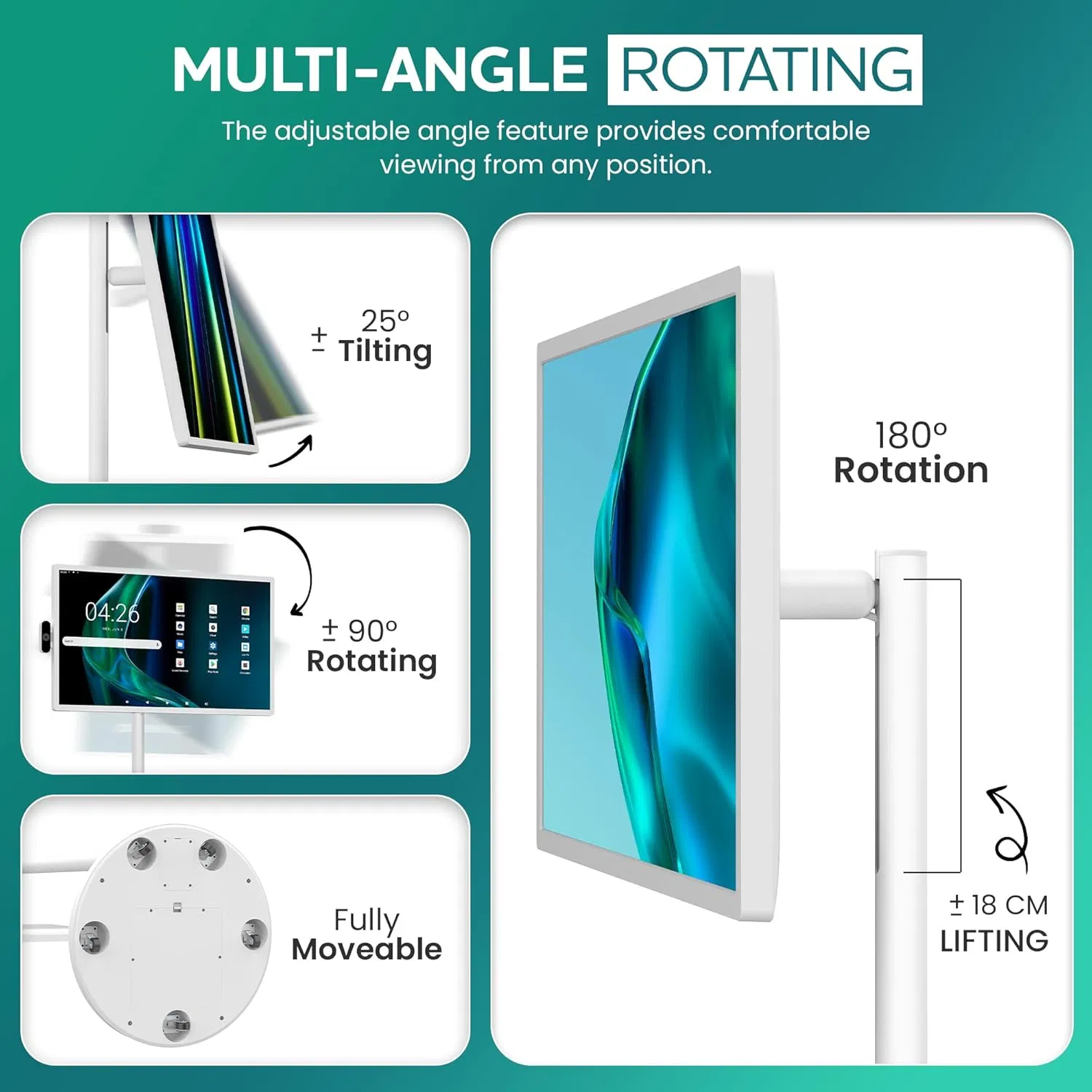 32-Inch Full Swivel Rotation Android 13 Portable Monitor with Built-in Battery4K UHD Rolling TV on Wheels Touch Screen Display