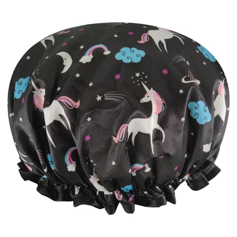 Digital Printing Cartoon Shower Caps Low MOQ Large Enough Elastic Double Layer