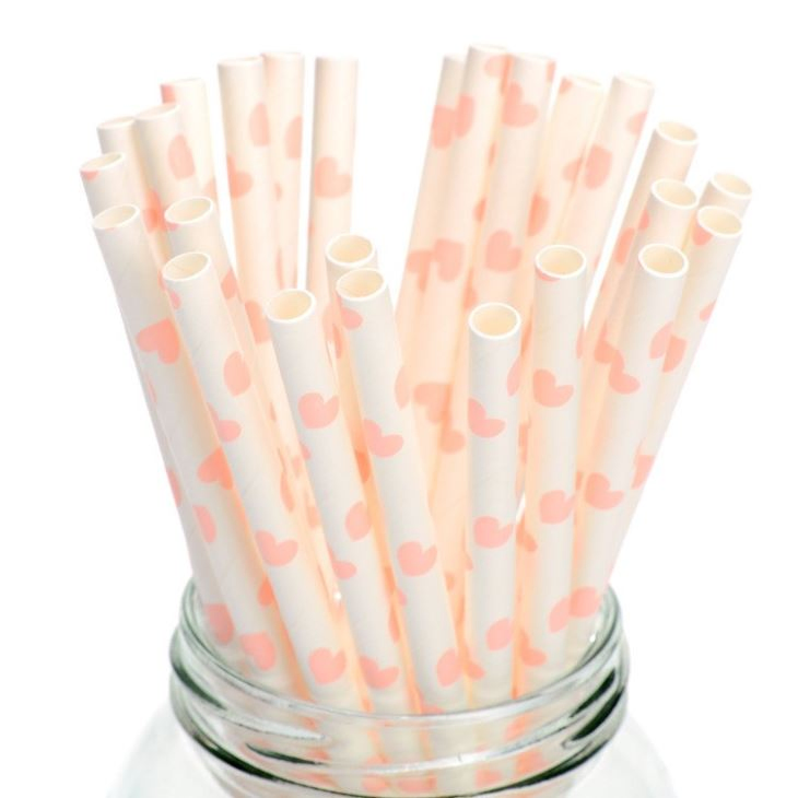 Heart Pattern Eco Paper Straws for Valentine's Day Pink Drinking Straw Party Favor, Striped Paper Straws