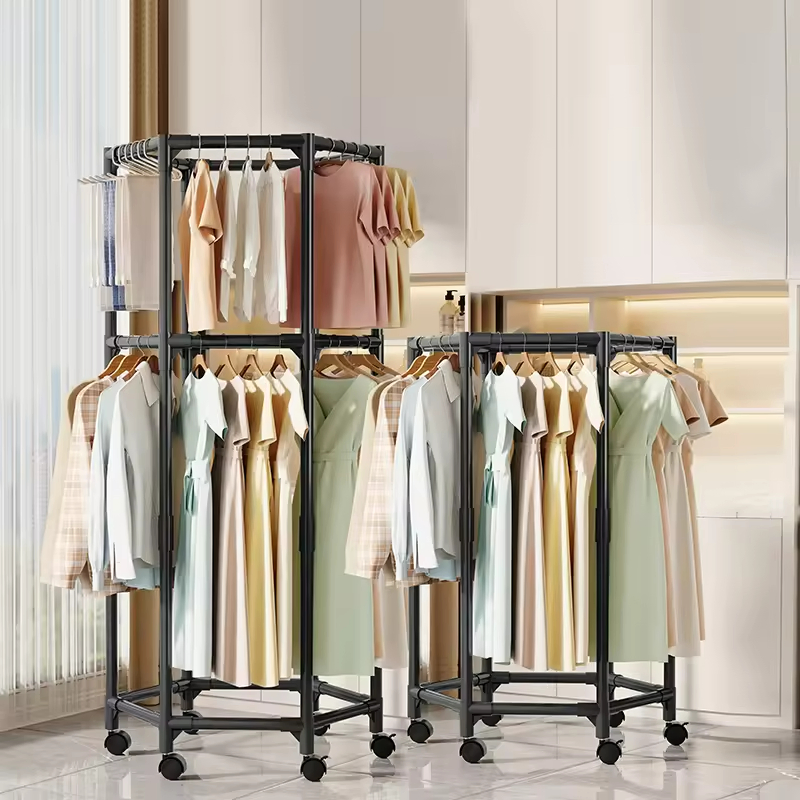 Large Capacity Metal Cloth Rack Double Movable Hexagonal Clothes Drying Rack Wheeled Coat Organizer