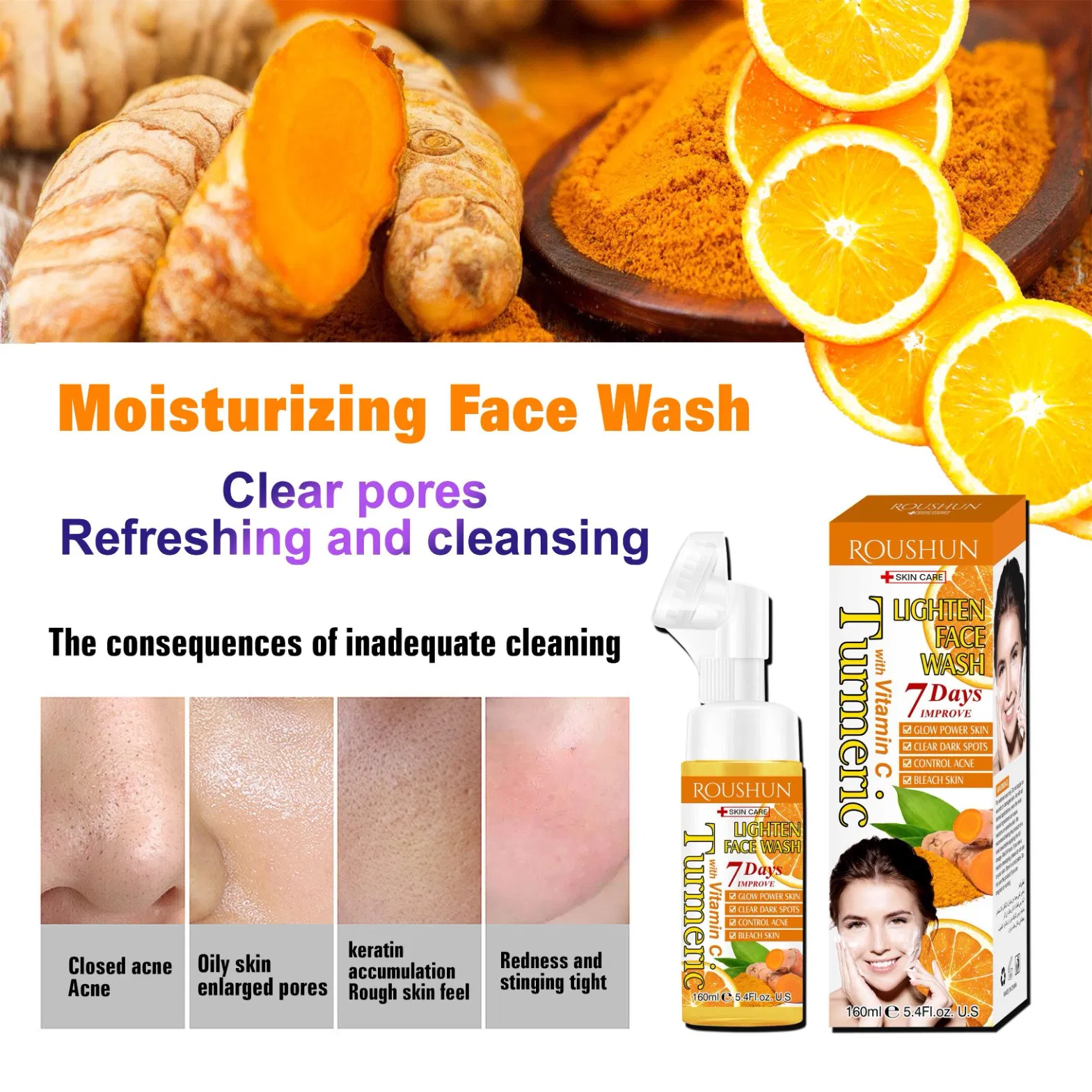Roushun Turmeric Lighten Face Wash with Vitamin C Moisturizing Refreshing and Cleansing