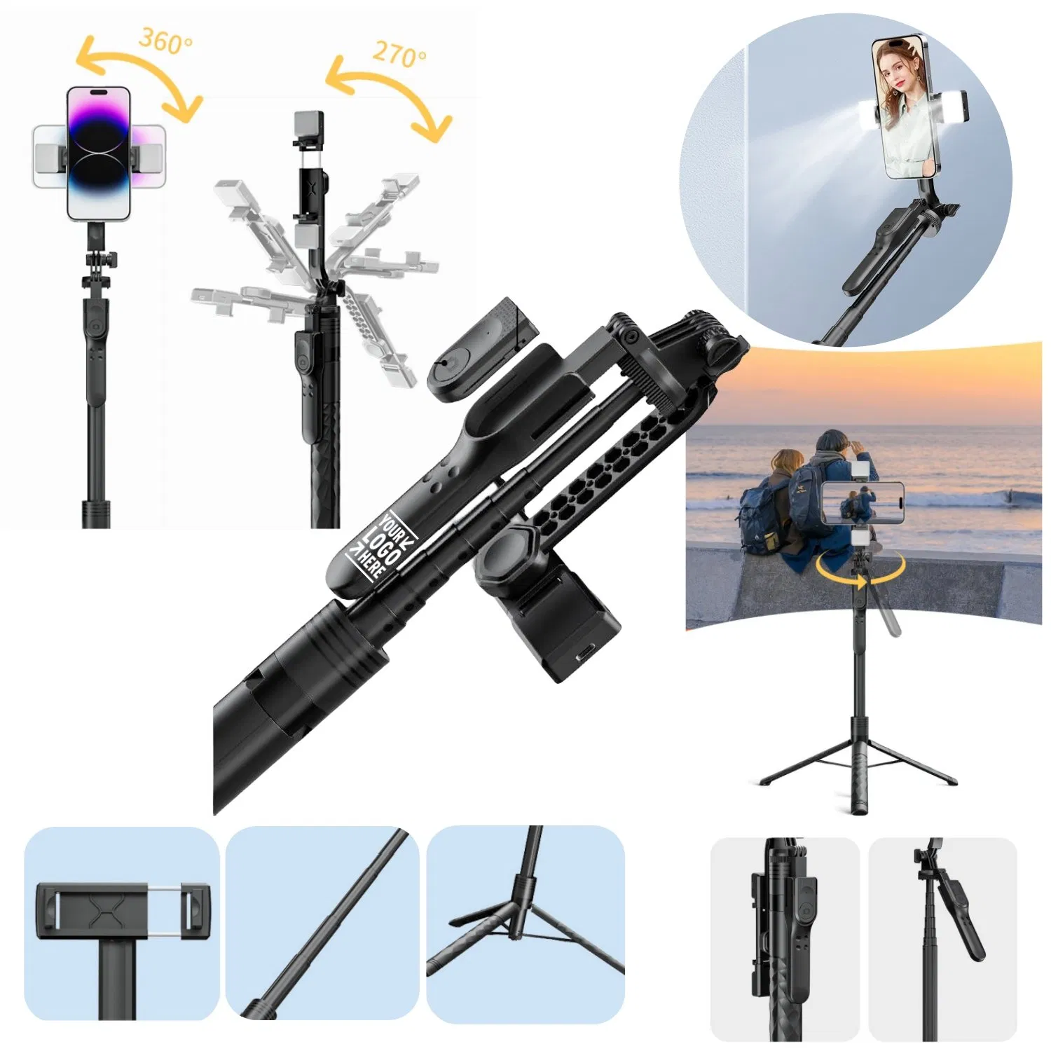 Retractable Cell Phone Tripod Stand with Wireless Remote Control and Fill Light