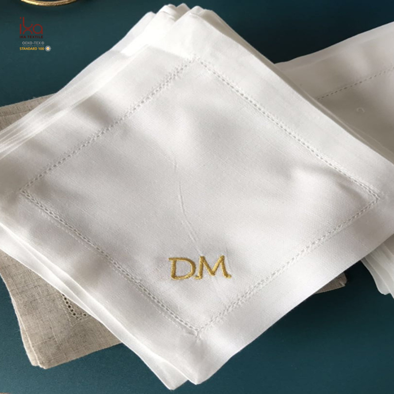 Party Restaurant Table Decorative Color Personalized Custom Wholesale Hemstitch White Embroidered Pure Linen Square Cocktail Napkins with Logo