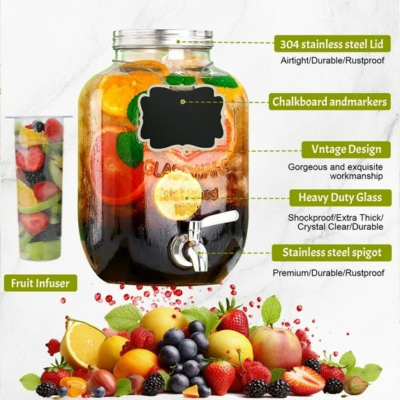 2 Gallon Glass Drink Dispenser Set, Drink Dispensers for Parties Beverage Dispenser with Stand and Stainless Steel Spigot for Juice, Fruit Tea and Lem