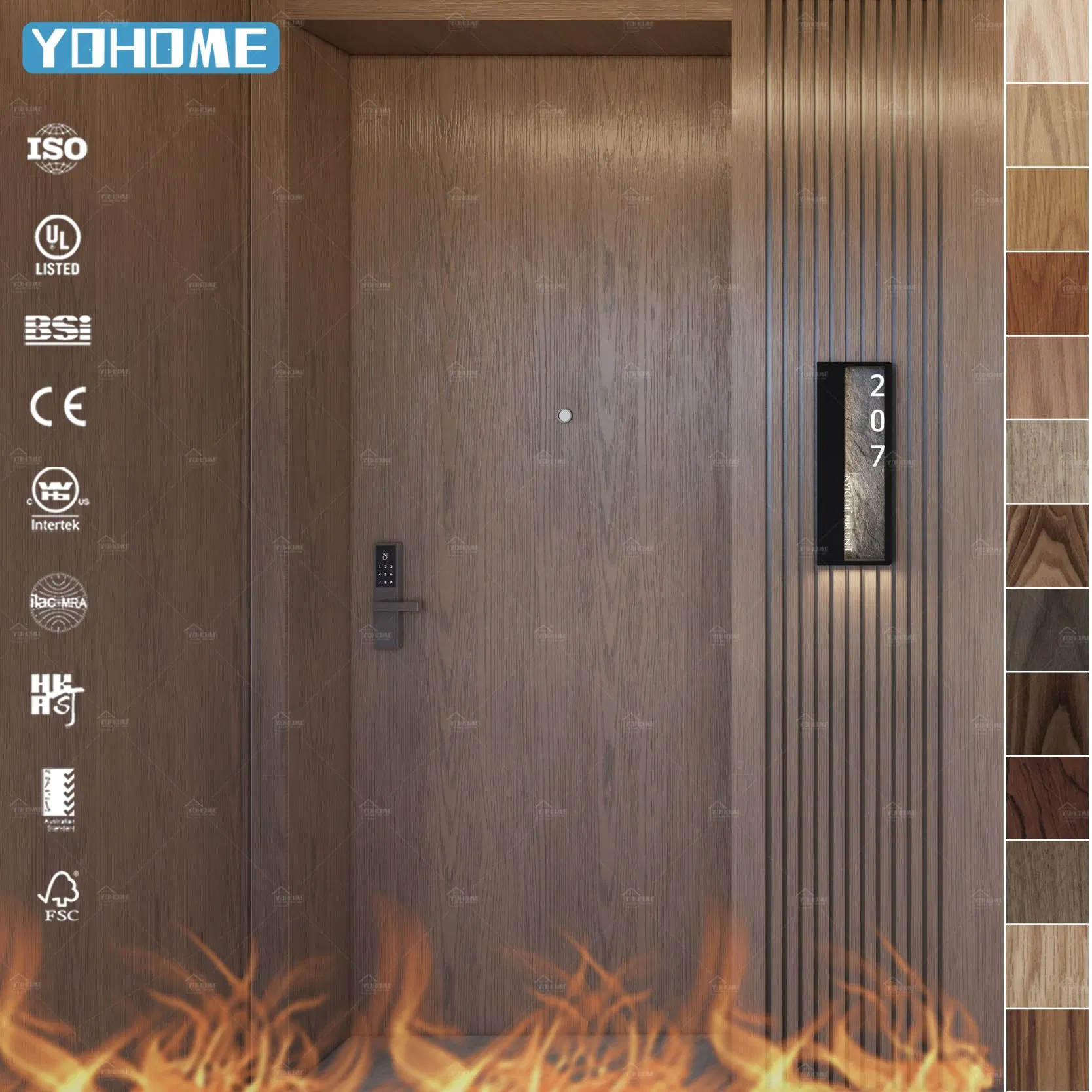 European Modern Wooden Hotel Apartment Fireproof Soundproof Oak Veneer 30 60 Minutes Fire Rated Wooden Door