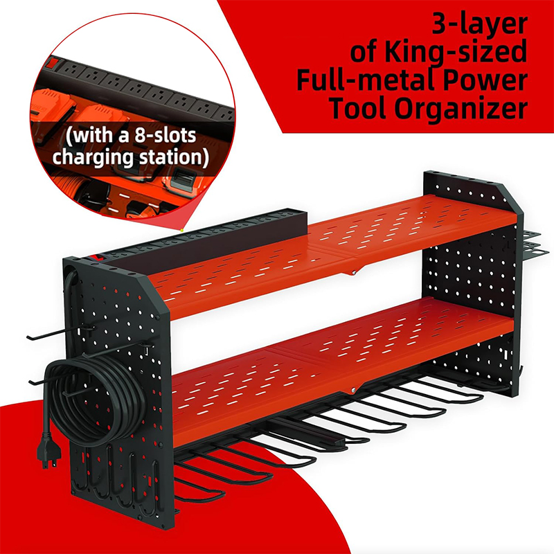 3 Layer Steel Metal Gardening Shelving Garage Power Tool Storage Rack Organizer Wall Mount with Charging Station