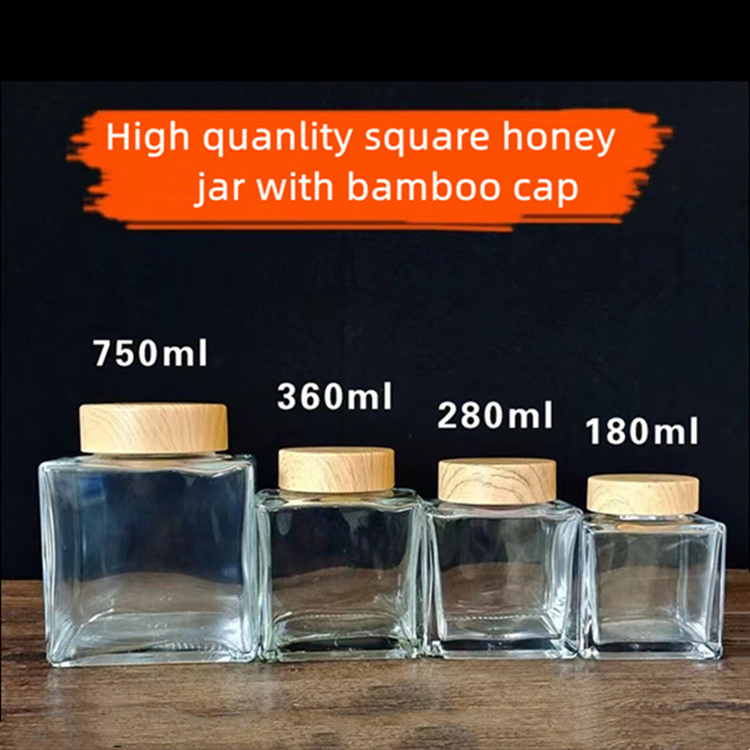 750ml Square Glass Food Storage Honey Jar with Bamboo Cap