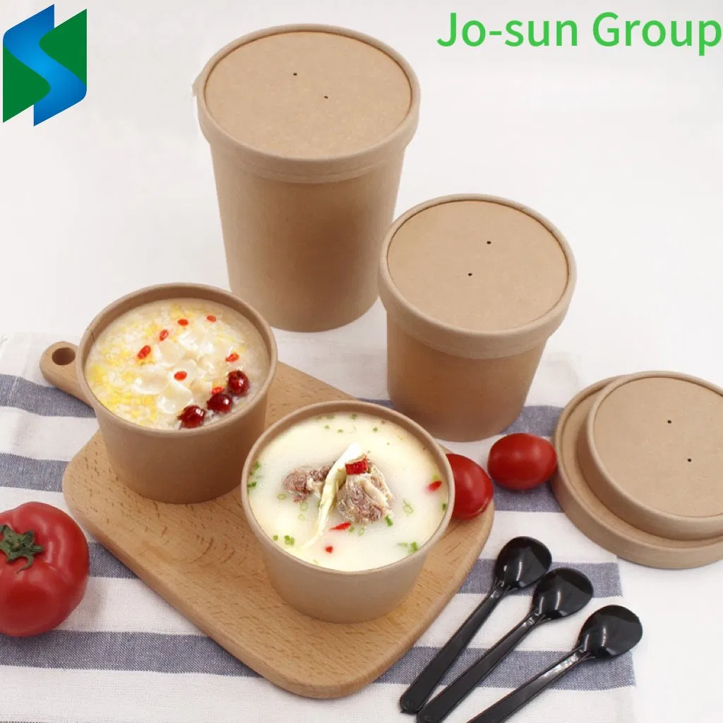 Jo-Sun Disposable Eco-Friendly 32 Oz Kraft Paper Soup Cup Bowl Popcorn Buckets with Lid Take-out Box