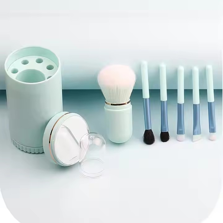 Wholesale 6 in 1 Makeup Brush Set with Cosmetic Mirror Portable Cosmetic Brush with Storagebucket Makeup Mirror Logo Custom