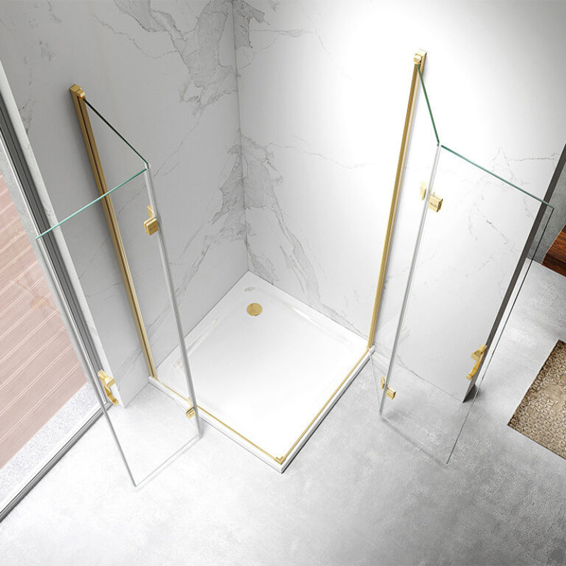 Suez Factory Supply Wholesales Tempered Glass Simple Corner in Door Luxury Gold Shower Enclosure for Hotel Bathroom
