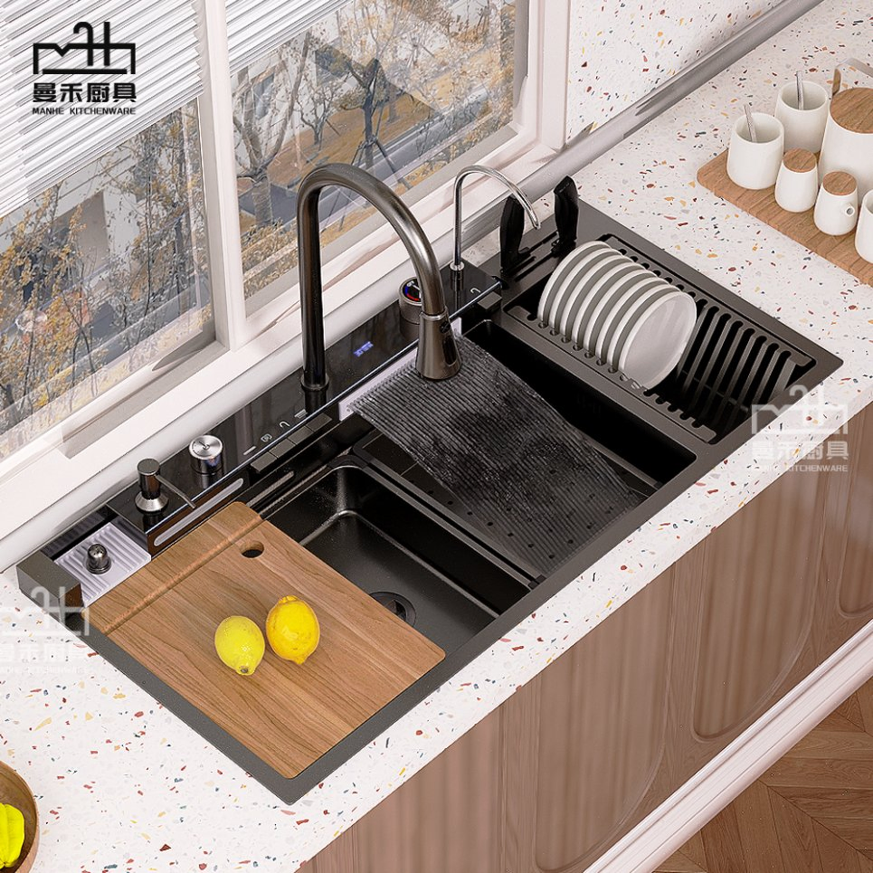 New Handmade Extended Stainless Steel Dish Bain Waterfall Kitchen Sink with Dish Rack 10046
