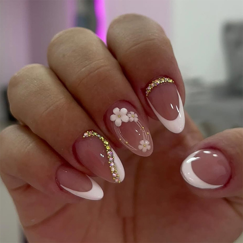 24 Pieces of Foreign Trade French Flowers Popping Almonds False Nails Irregular Colored Diamond DOT Diamond Press on Nails Wearing Nails