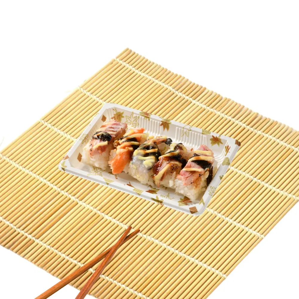 Manluen New Arrived White Maple Leaves Disposable Plastic Food Container Take out Togo Small Sushi Packaging Box