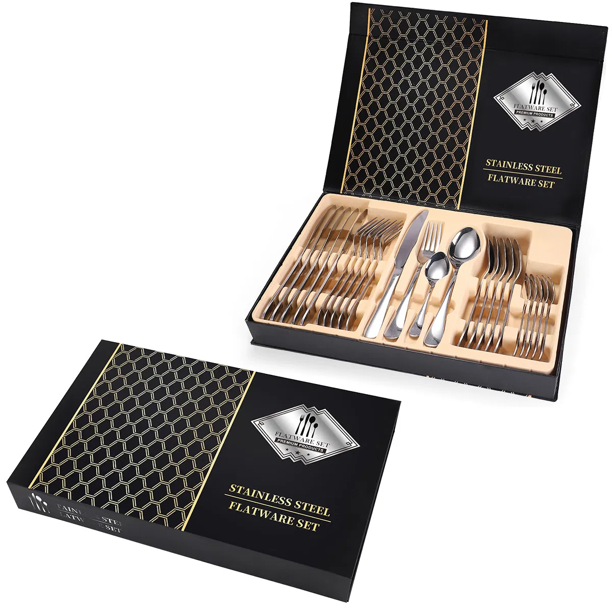 24PCS Food-Grade Stainless Steel Dinnerware Set Tableware Durable Smooth Edge Easy Clean for Home Family Daily Use Suitable for Party Gatherings