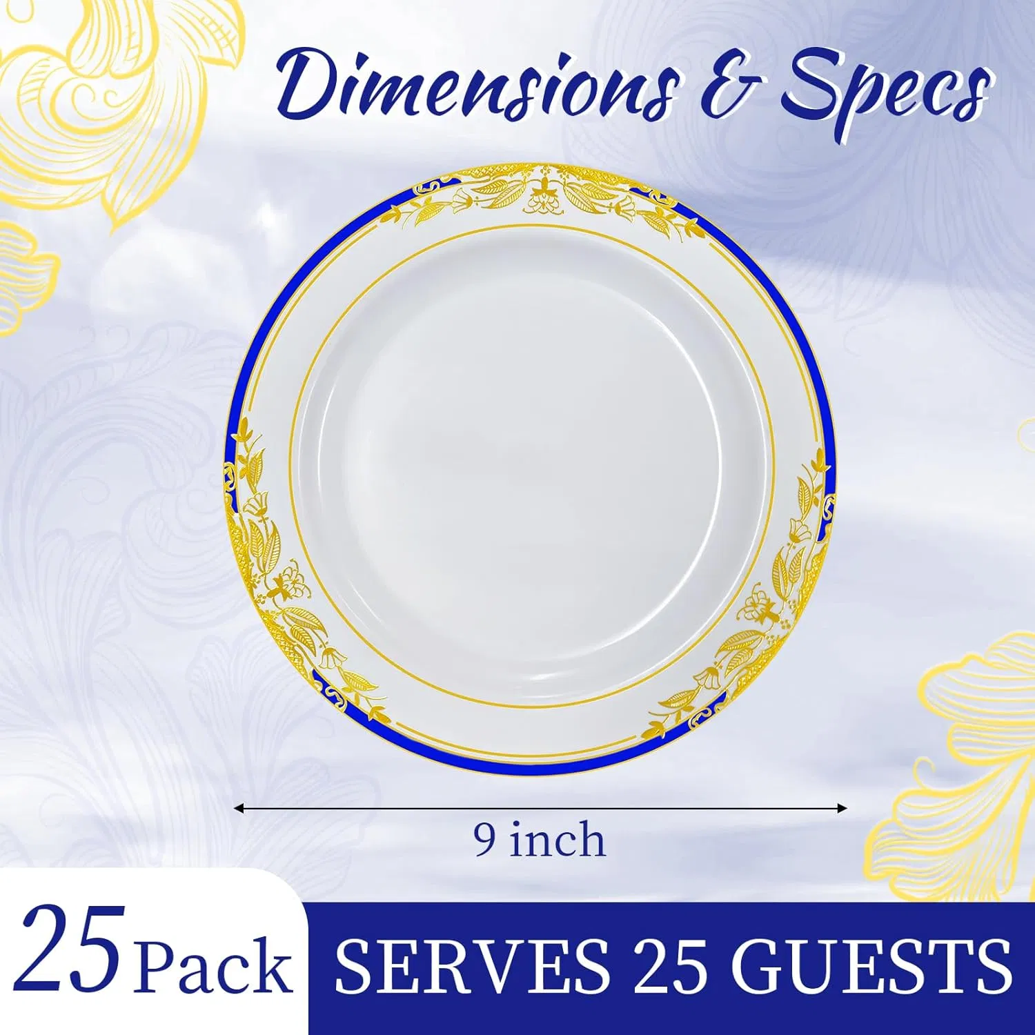Disposable Plastic Plates 9inch Elegant Fancy Plastic Wedding Plates with Blue & Gold Rimmed Heavy Duty Party Dinner Plates