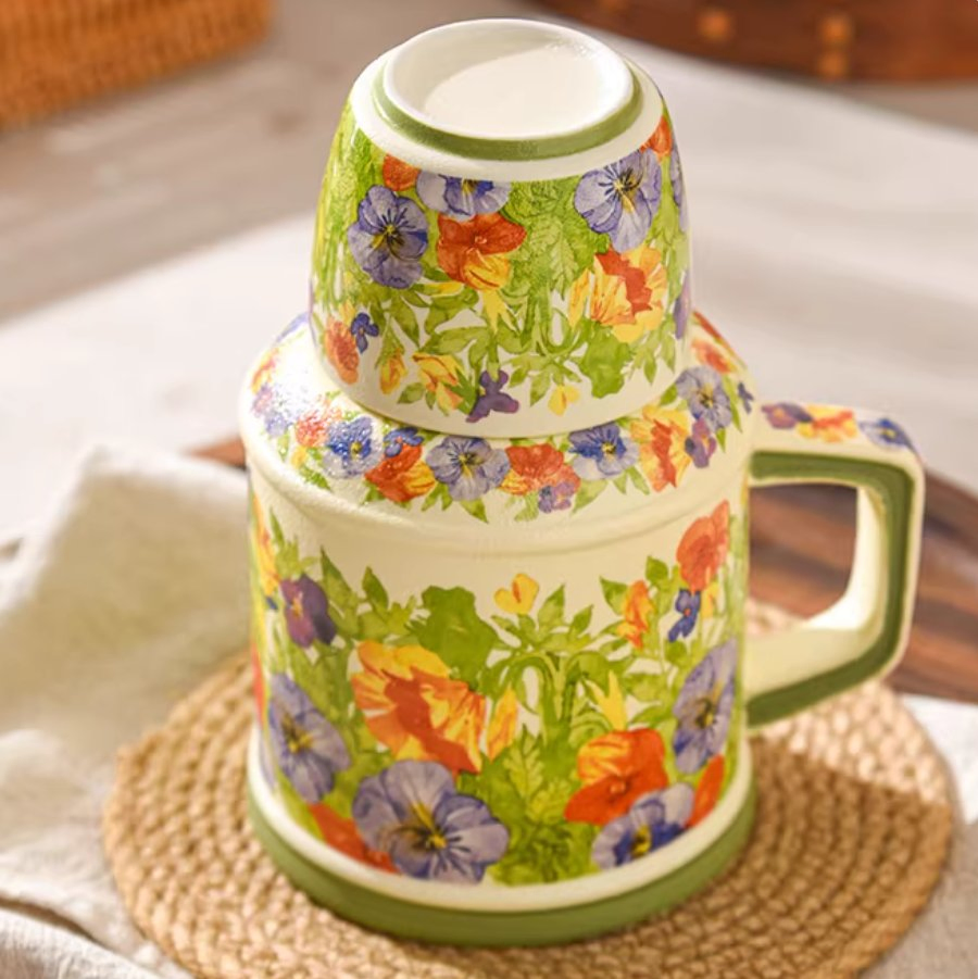 Three-Color Water Bottle Cup, Household Afternoon Tea Ceramic Cup, Office Retro Mug, Ceramic Lidded Teacup